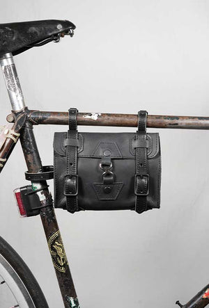 leather saddle bag for bicycles made by awre in houston texas,