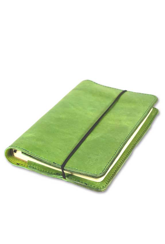 Lime Green Leather Journal cover- made by AWRE ART & DESIGN in houston, Texas, US.