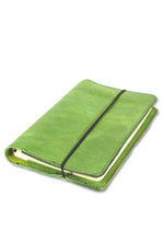 Lime Green Leather Journal cover- made by AWRE ART & DESIGN in houston, Texas, US.