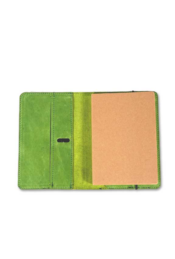 Lime Green Leather Journal cover inside features two open pockets and pen or pencil slip- made by AWRE ART & DESIGN in houston, Texas, US.