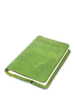 Lime Green Leather Journal cover inside features two open pockets and pen or pencil slip- made by AWRE ART & DESIGN in houston, Texas, US.