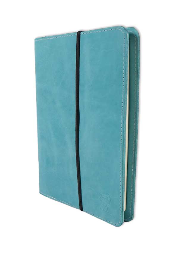 Mint Blue Leather Journal cover inside features two open pockets and pen or pencil slip- made by AWRE ART & DESIGN in houston, Texas, US.
