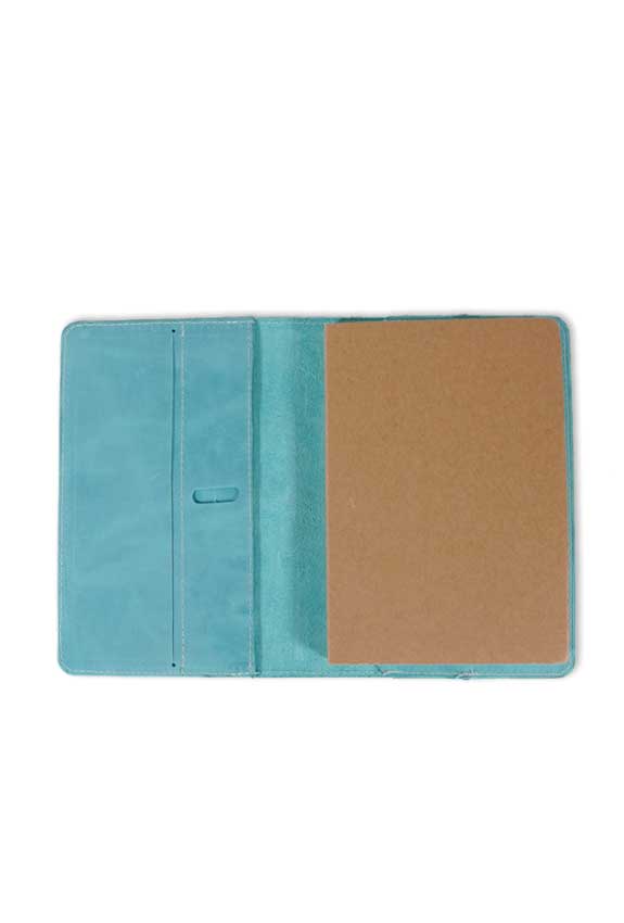 Mint Blue Leather Journal cover inside features two open pockets and pen or pencil slip- made by AWRE ART & DESIGN in houston, Texas, US.