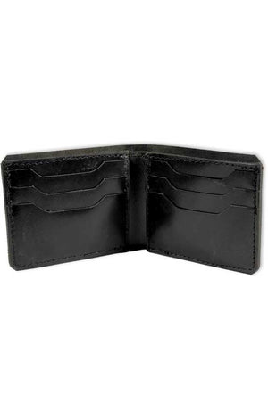Tradional Leather Wallet, bifold 6 card slot pocket with two open pockets and main cash slot. by AWRE, made in houston texas. 